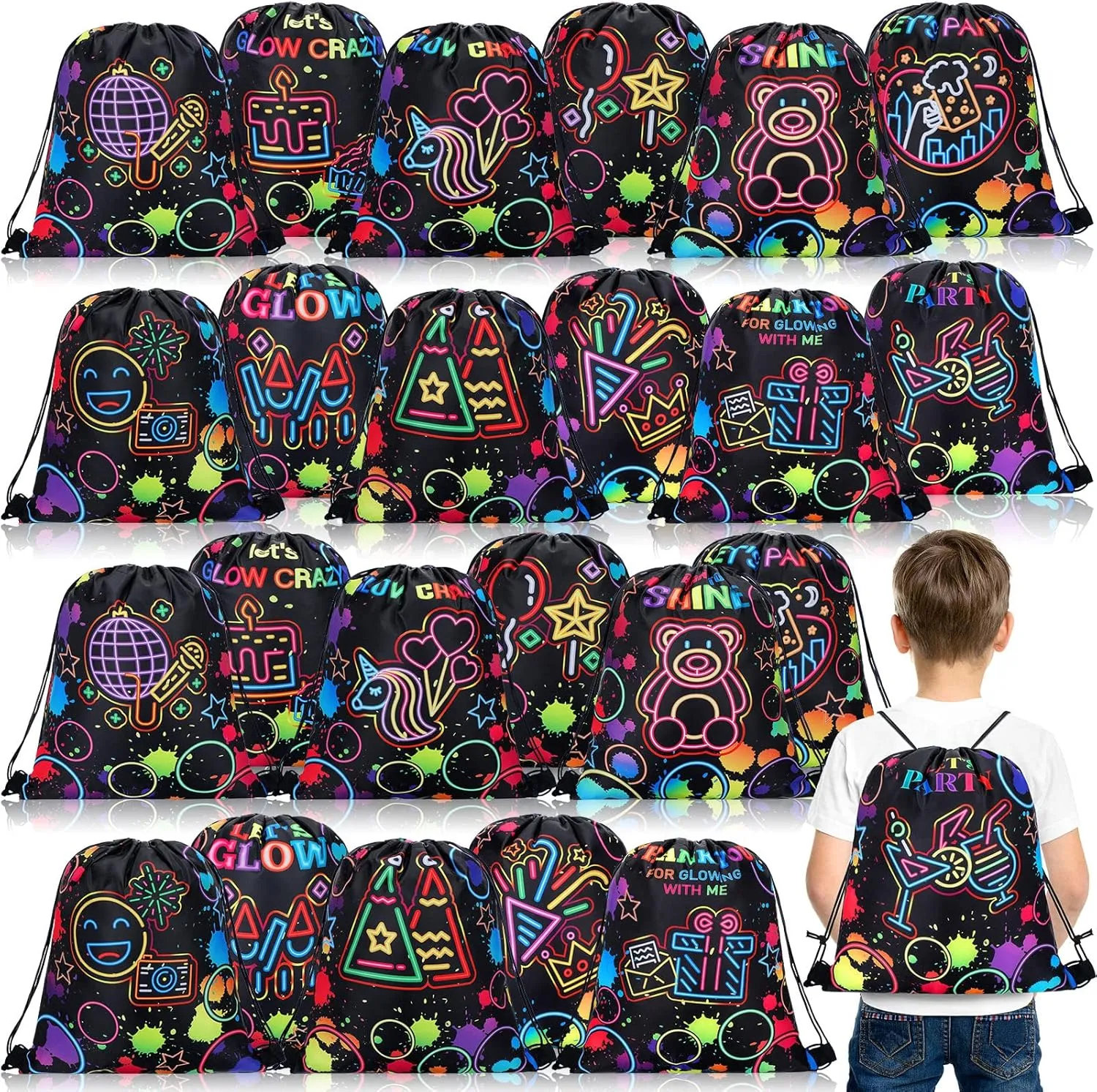 Sweetude 24 Pcs Let's Glow Party Gifts Bags Drawstring Bags Decoration Favor Storage for Girls Kids Birthday Wedding Party Dec