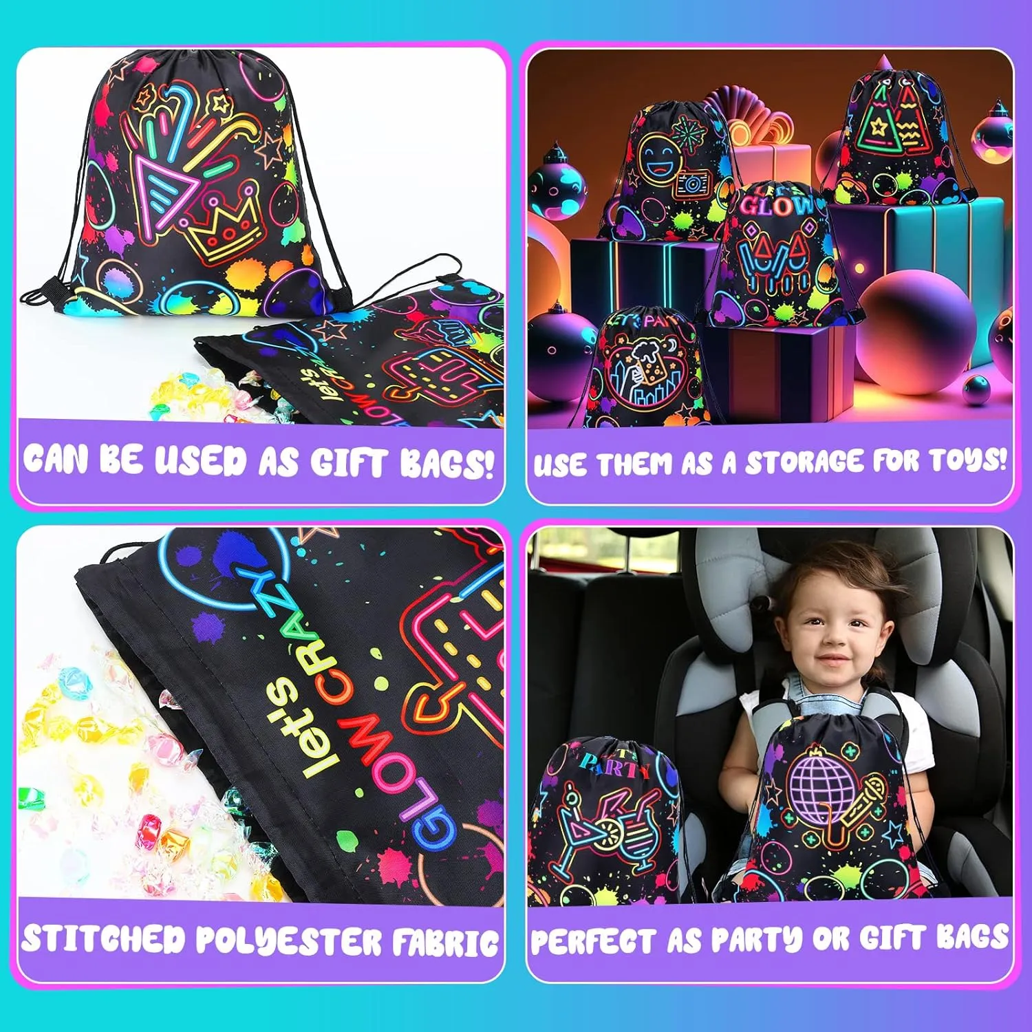 Sweetude 24 Pcs Let's Glow Party Gifts Bags Drawstring Bags Decoration Favor Storage for Girls Kids Birthday Wedding Party Dec