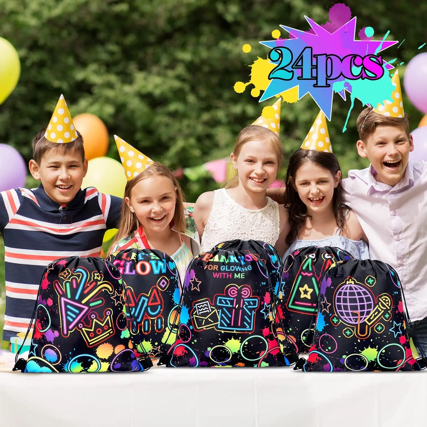 Sweetude 24 Pcs Let's Glow Party Gifts Bags Drawstring Bags Decoration Favor Storage for Girls Kids Birthday Wedding Party Dec