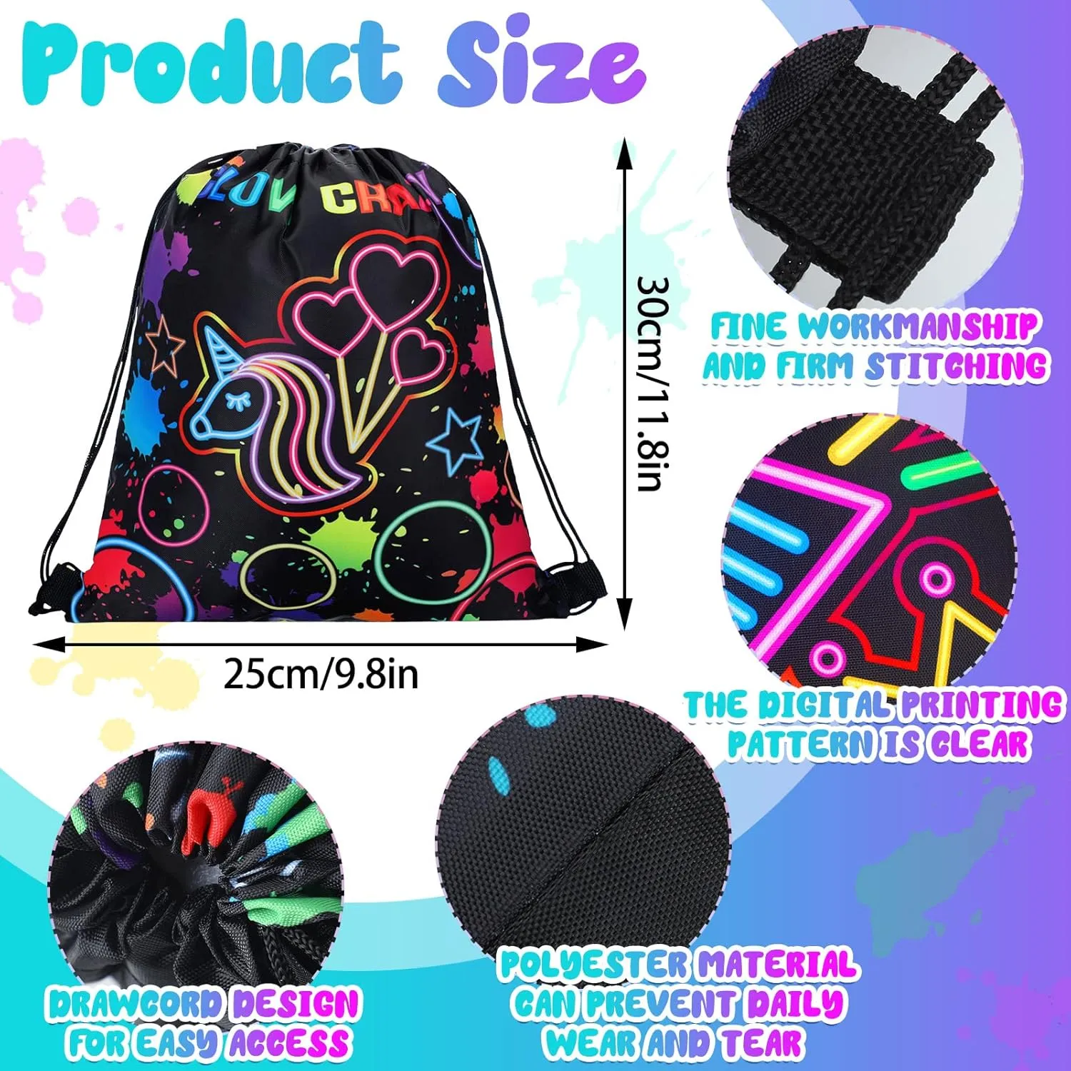 Sweetude 24 Pcs Let's Glow Party Gifts Bags Drawstring Bags Decoration Favor Storage for Girls Kids Birthday Wedding Party Dec