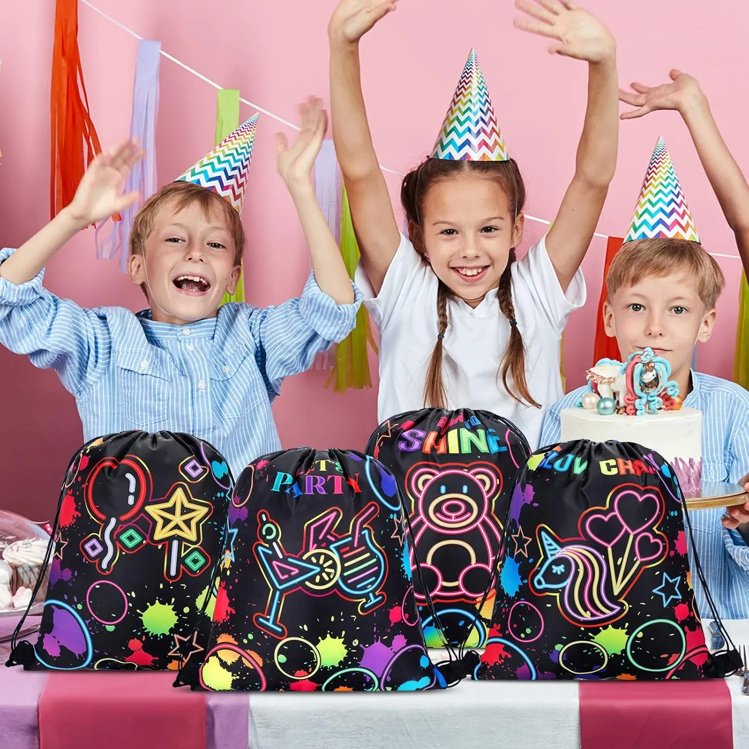 Sweetude 24 Pcs Let's Glow Party Gifts Bags Drawstring Bags Decoration Favor Storage for Girls Kids Birthday Wedding Party Dec