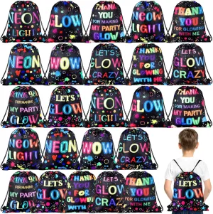 Sweetude 24 Pcs Let's Glow Party Neon Goodie Bags Gifts Drawstring Bags Decoration Favor Storage for Girls Kids Birthday Wedding Party Decoration