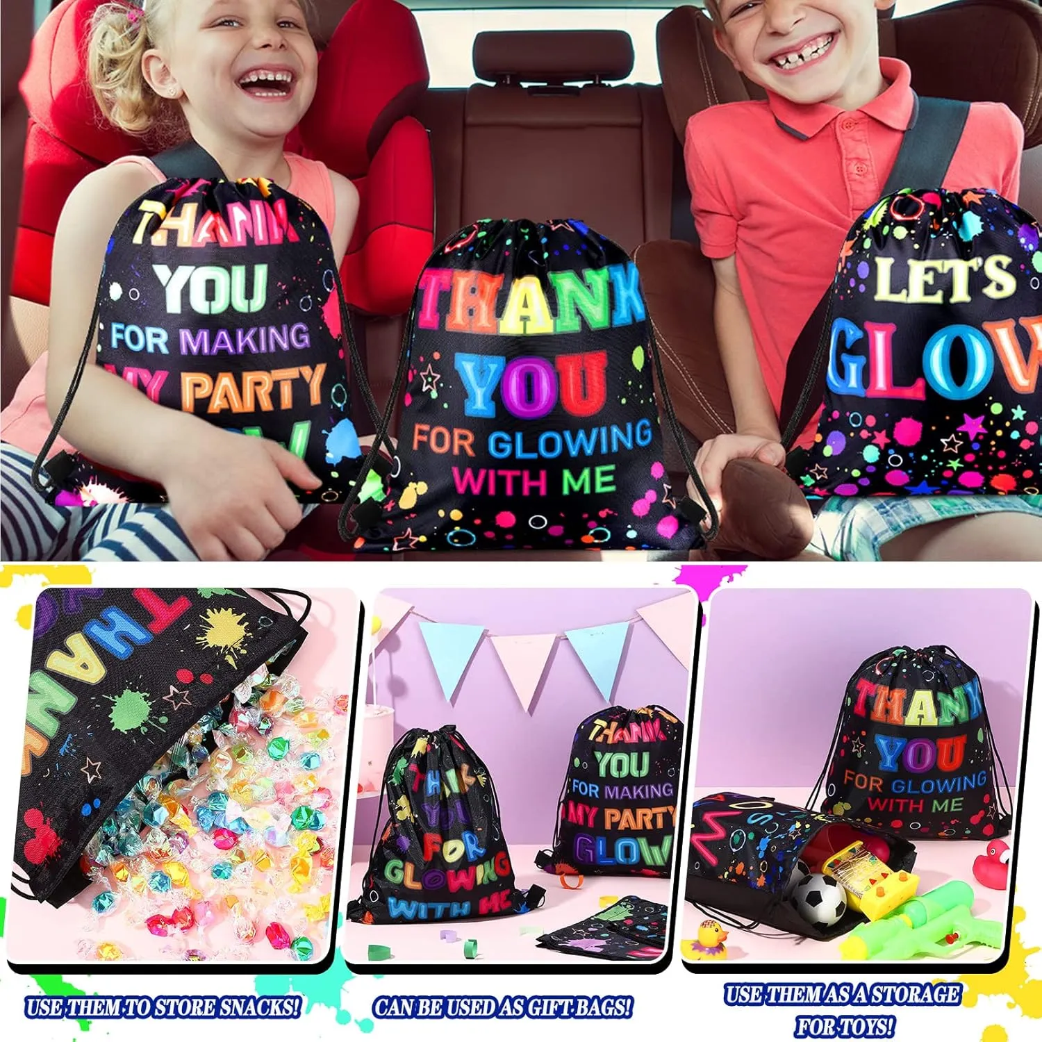 Sweetude 24 Pcs Let's Glow Party Neon Goodie Bags Gifts Drawstring Bags Decoration Favor Storage for Girls Kids Birthday Wedding Party Decoration