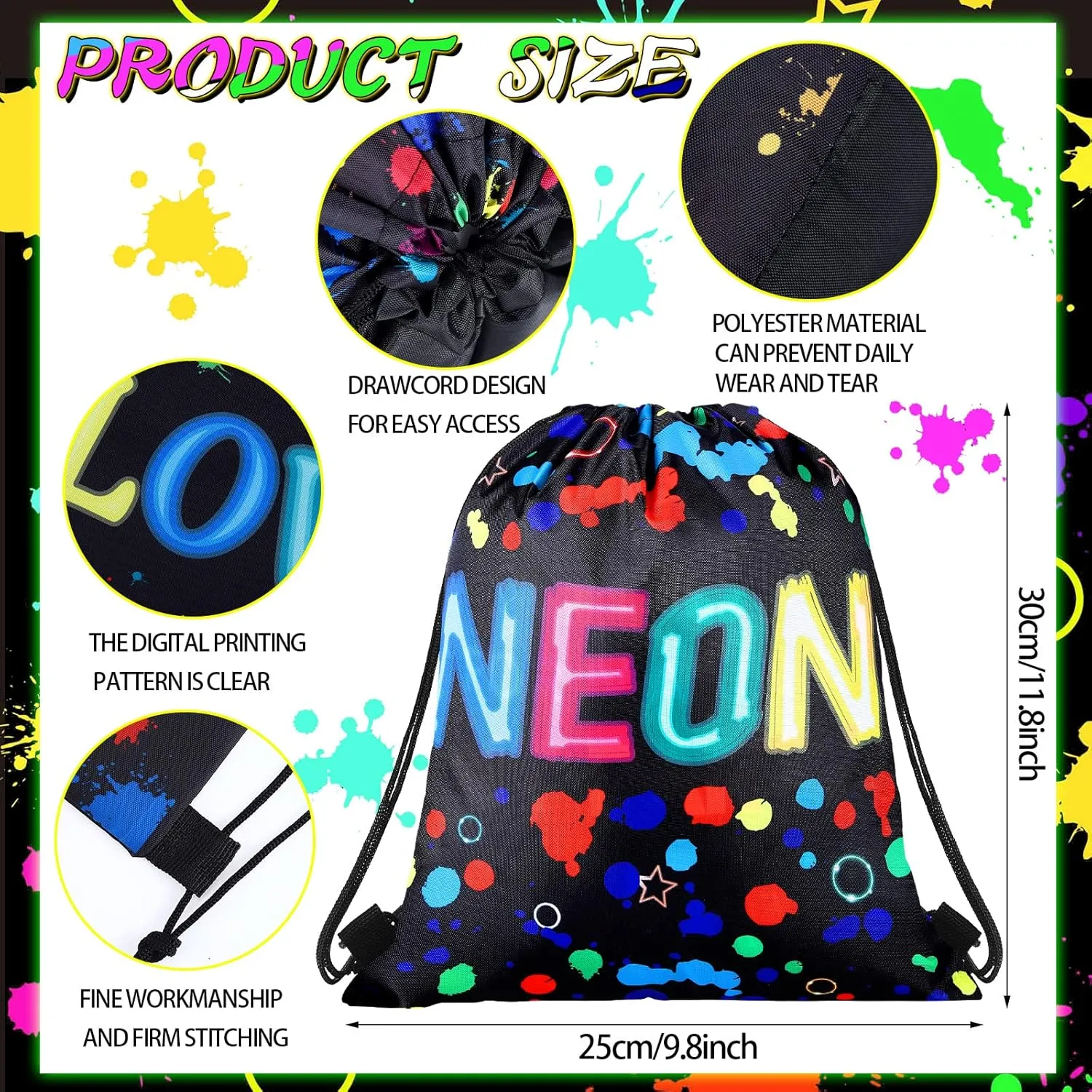 Sweetude 24 Pcs Let's Glow Party Neon Goodie Bags Gifts Drawstring Bags Decoration Favor Storage for Girls Kids Birthday Wedding Party Decoration