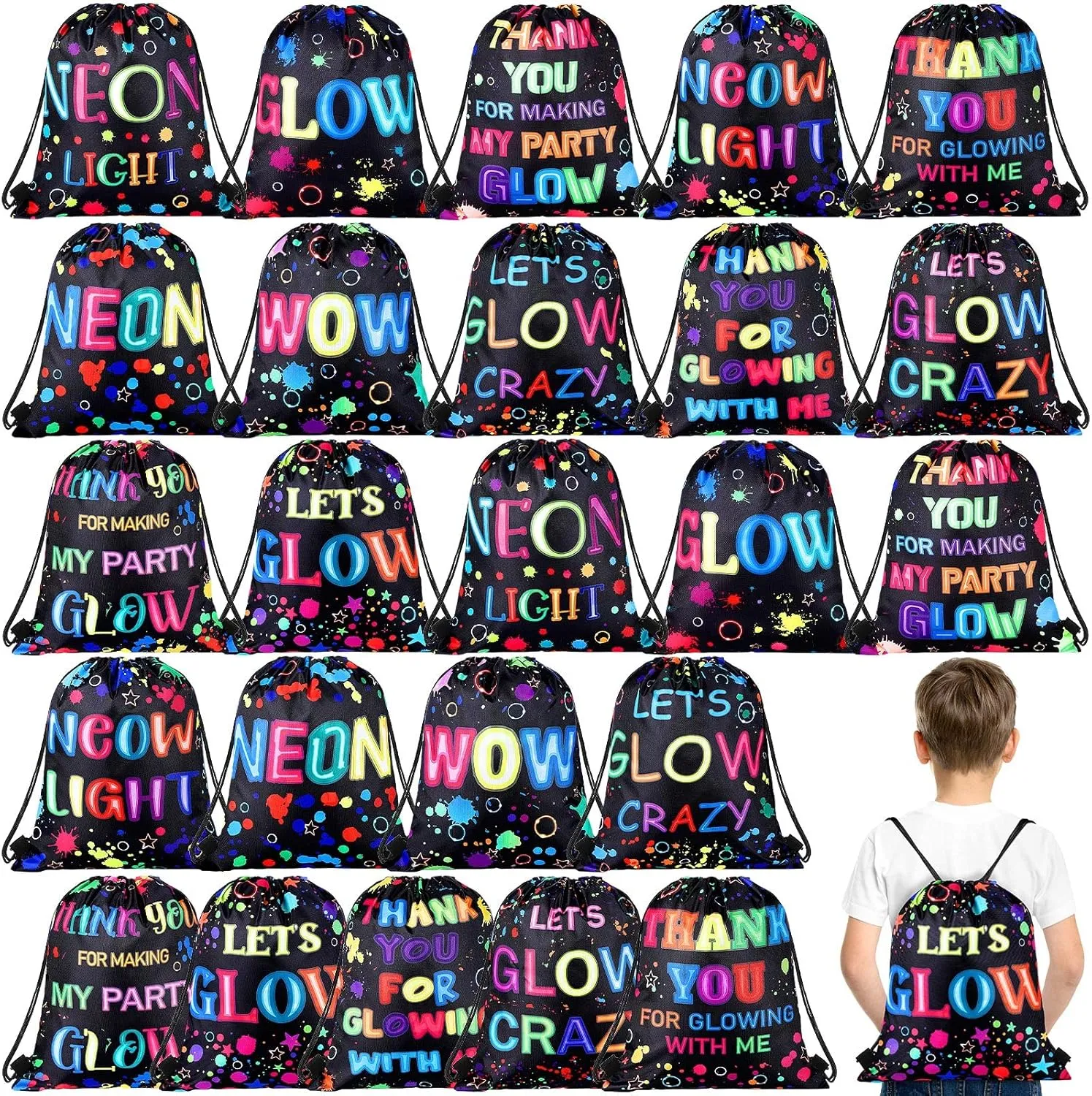 Sweetude 24 Pcs Let's Glow Party Neon Goodie Bags Gifts Drawstring Bags Decoration Favor Storage for Girls Kids Birthday Wedding Party Decoration
