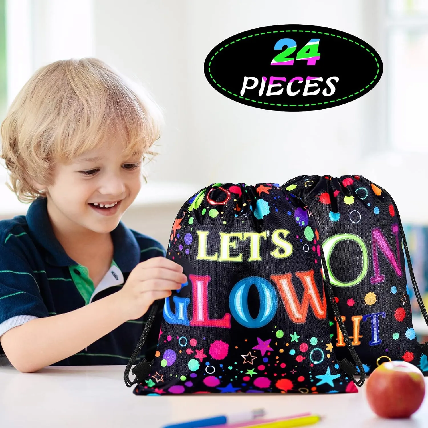 Sweetude 24 Pcs Let's Glow Party Neon Goodie Bags Gifts Drawstring Bags Decoration Favor Storage for Girls Kids Birthday Wedding Party Decoration