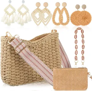 Sweetude Straw Clutch Purse for Women Rattan Earrings Set Summer Beach Straw Bag Boho Handbag Woven Wallet for Vacation