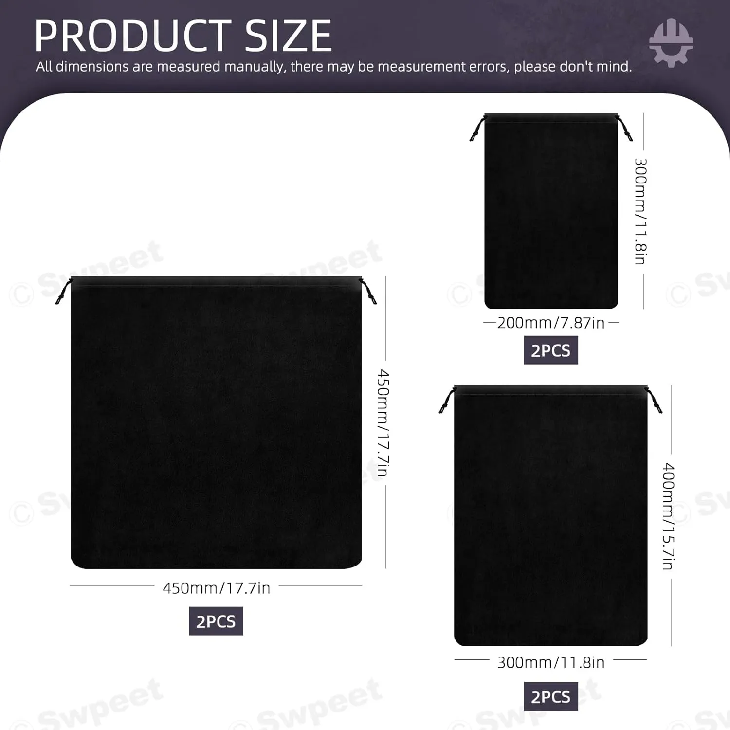 Swpeet 6Pcs Black 200mm x 300mm, 300mm x 400mm, 450mm x 450mm Black Storage Bags Kit, Anti Tarnish Storage Bag Jewelry Bag, Fabric Cloth Bag for Jewelry Silverware Protection Flatware