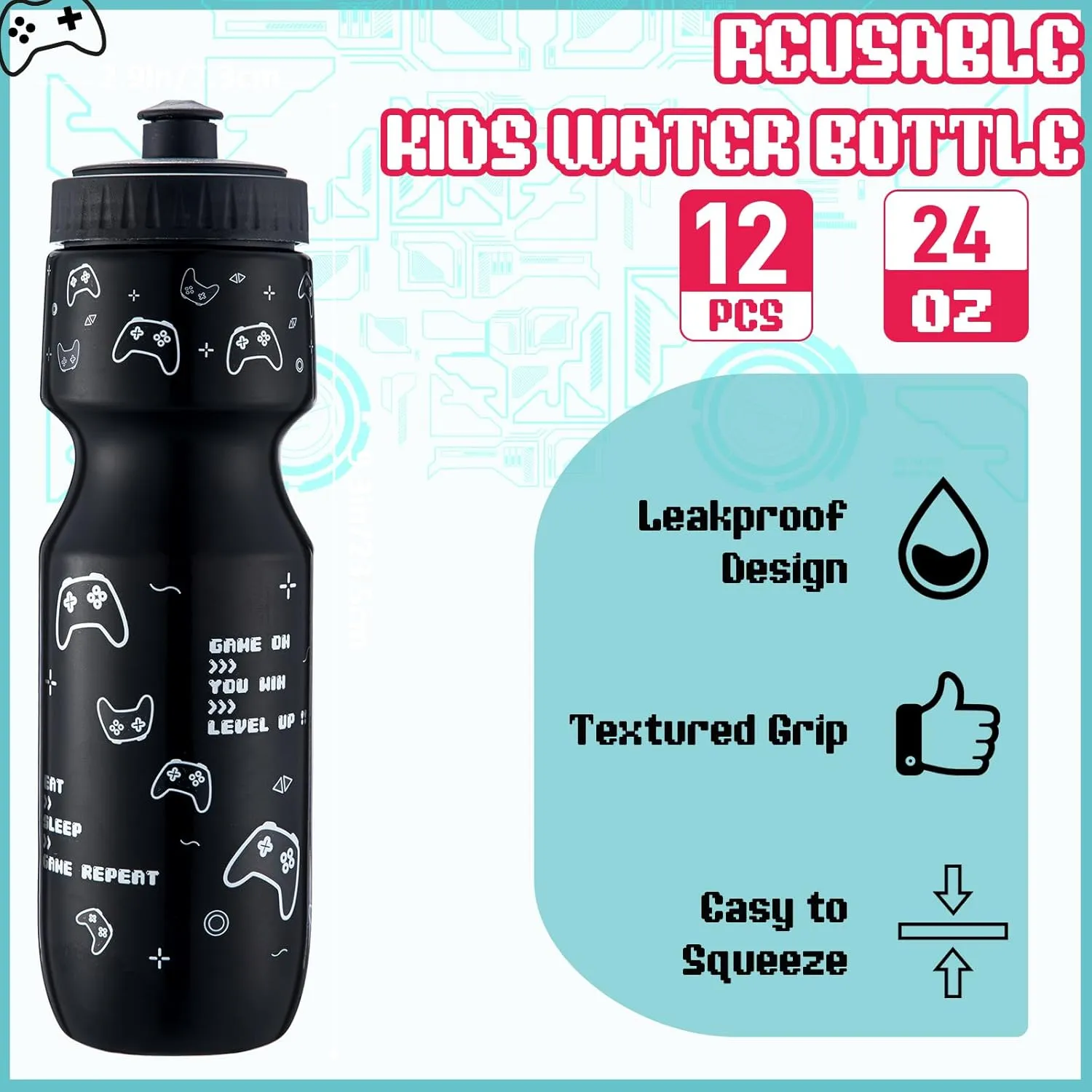 Talltalk 24 Pcs Video Game Party Favor 24 oz Water Bottles with Drawstring Bag Gaming Gift Cup Tumbler Gamer Party Birthday