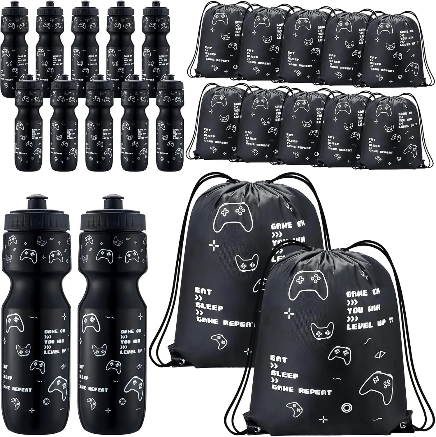 Talltalk 24 Pcs Video Game Party Favor 24 oz Water Bottles with Drawstring Bag Gaming Gift Cup Tumbler Gamer Party Birthday