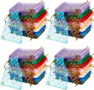 Tatuo 1000 Pcs Moon Star Organza Bags Bulk 4.7 x 3.5 Inch Small Gift Bags Mesh Drawstring Gift Assorted Colors Jewelry Pouch for Birthday Wedding Baby Shower Festival Party Favor