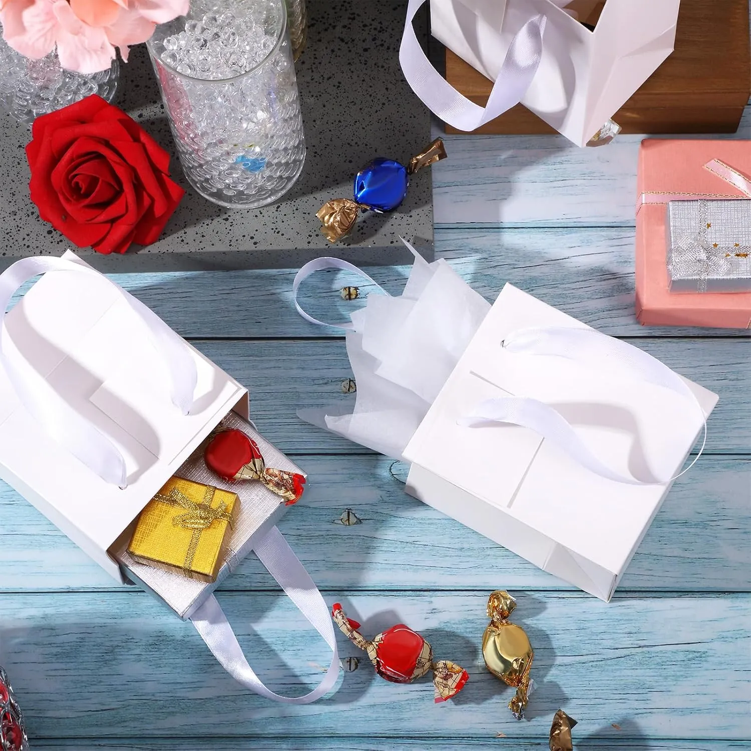Tenare 12 Pcs Small Gift Bags Mini Paper Bag with Handle Tissue Happy Mother Father's Day Party Favor Supplies(4 x 2.75 x 4.5 Inch,White)