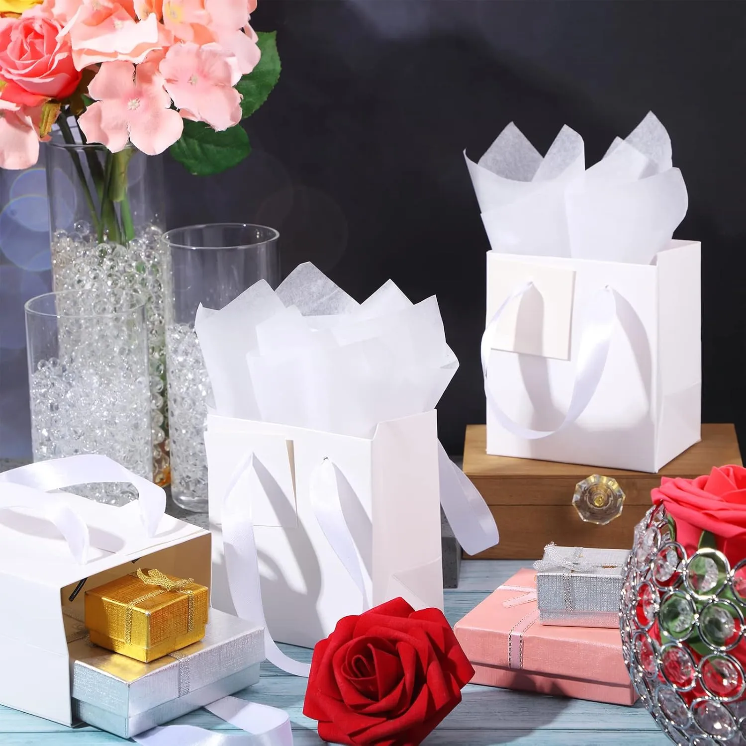 Tenare 12 Pcs Small Gift Bags Mini Paper Bag with Handle Tissue Happy Mother Father's Day Party Favor Supplies(4 x 2.75 x 4.5 Inch,White)