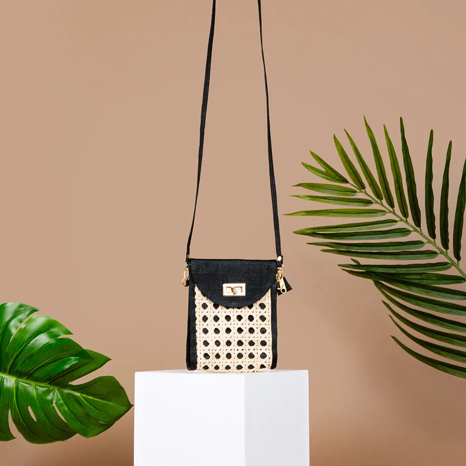 THE ELLIE Black Rattan Woven Crossbody Bag