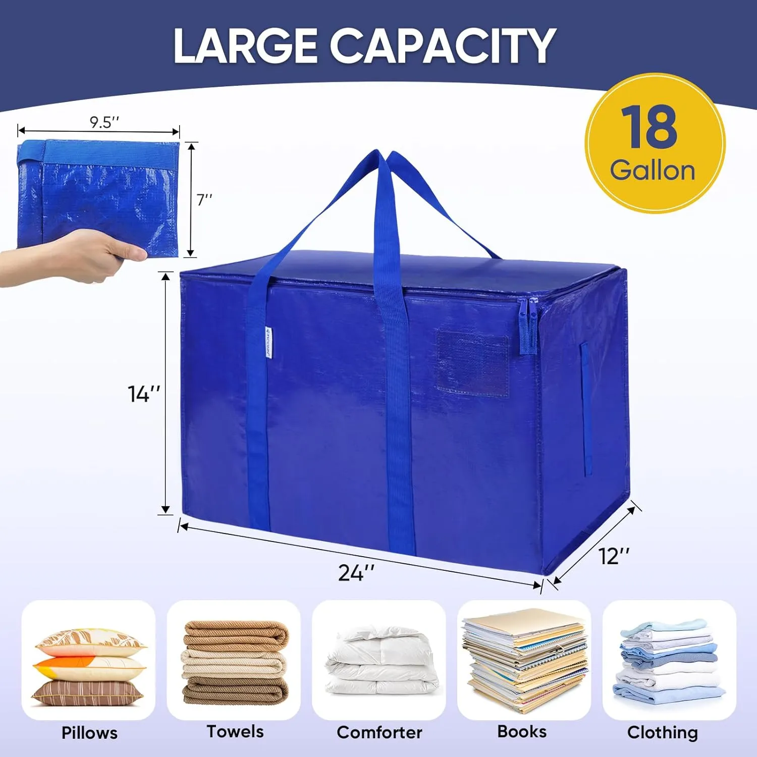 TICONN 4 Pack Extra Large Moving Bags with Zippers & Carrying Handles, Heavy-Duty Storage Tote Moving Boxes for Space Saving (4 PK, 18 Gallon)