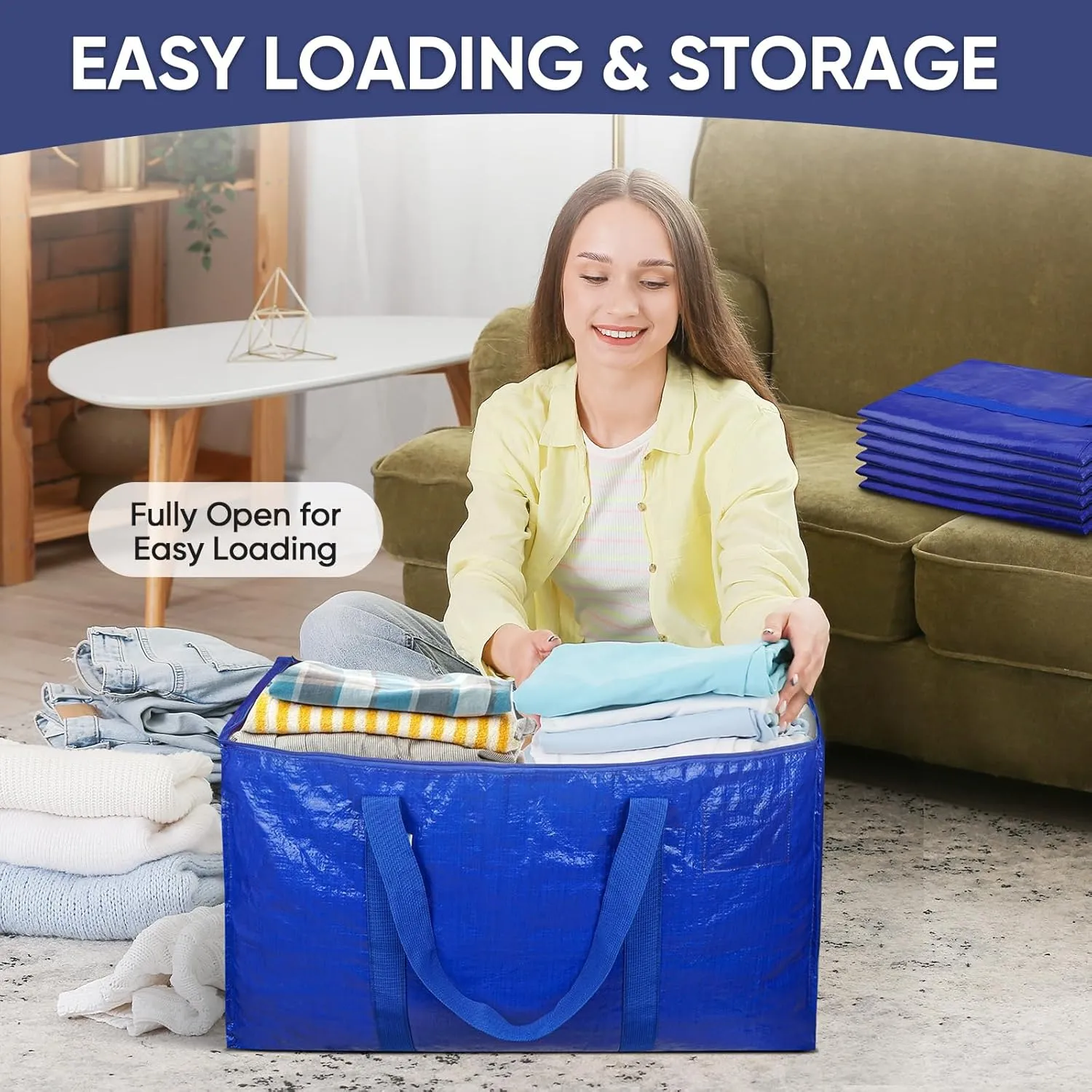 TICONN 4 Pack Extra Large Moving Bags with Zippers & Carrying Handles, Heavy-Duty Storage Tote Moving Boxes for Space Saving (4 PK, 18 Gallon)