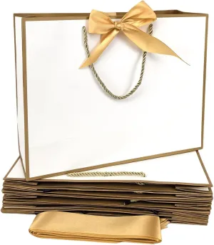 TKSBAG 12PCS Gift Bags Medium Size with Handles, 12.5 x 9.8 x 4.3 In White Gold Thank You Bags with Bow Ribbon for Wedding, Birthday, bridesmaid, Groomsmen, Mother's Day, Party Favors
