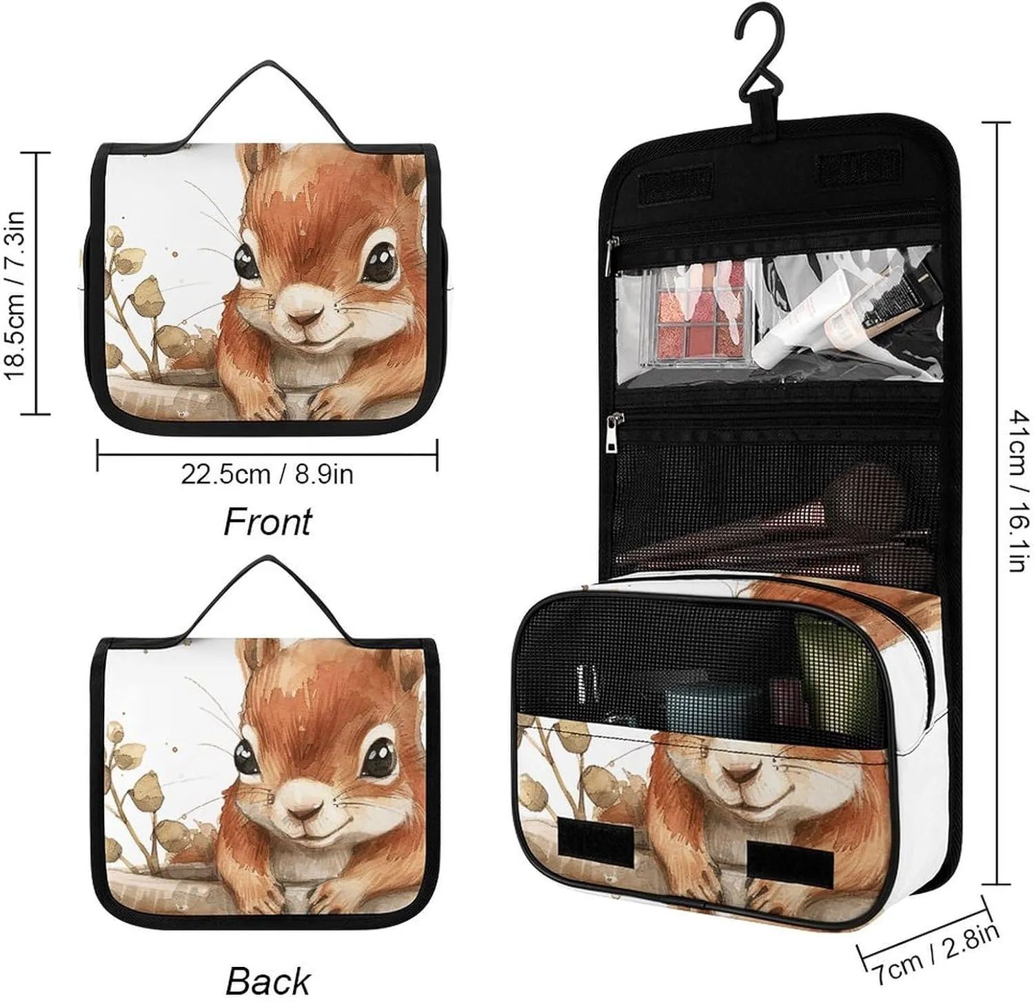 Toiletry Bag for Women Travel Cosmetic Bag Squirrel in The Basin Large Makeup Bag Hanging Cosmetic Organizer for Toiletries Accessories 3 In 1 Container