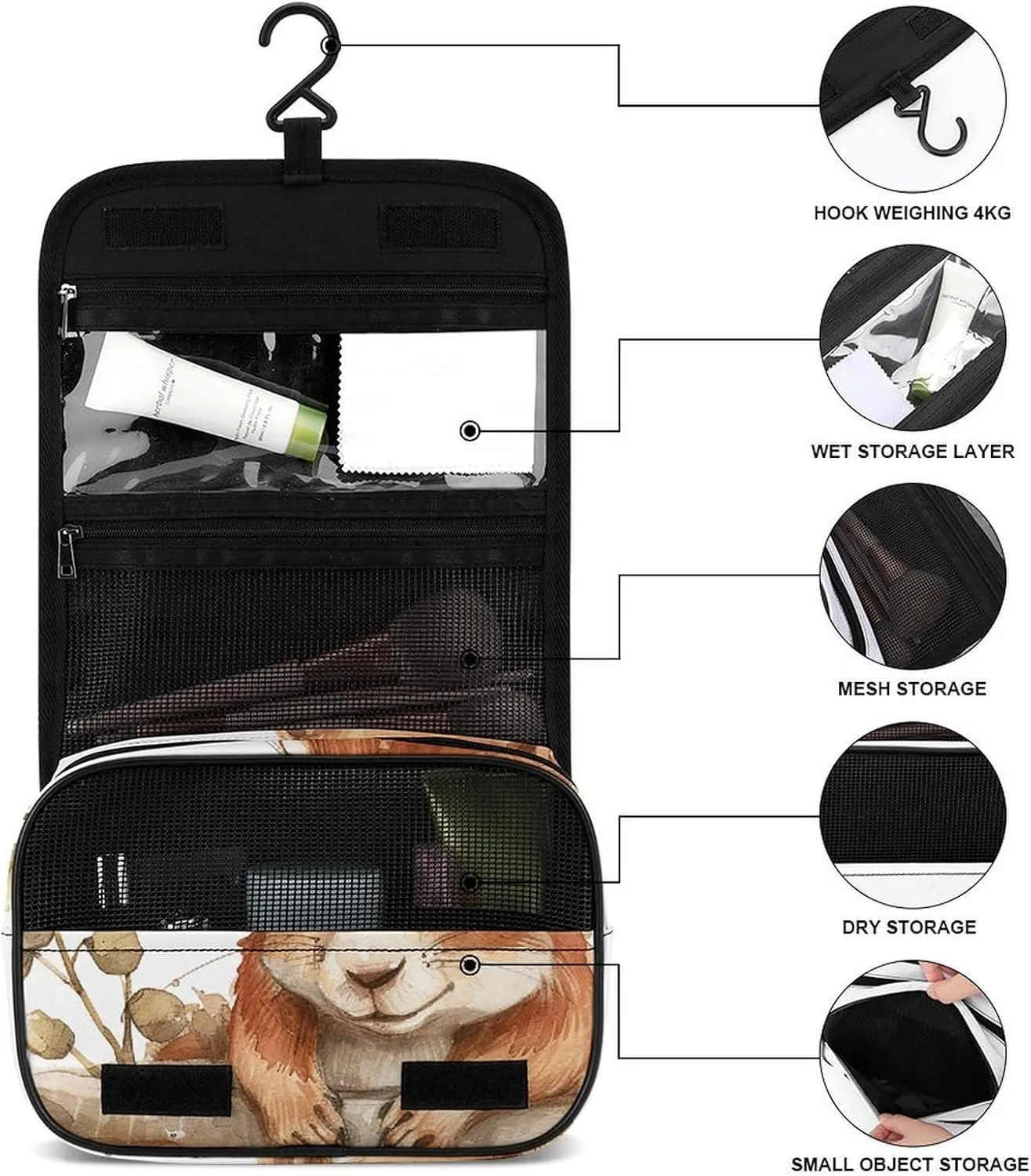 Toiletry Bag for Women Travel Cosmetic Bag Squirrel in The Basin Large Makeup Bag Hanging Cosmetic Organizer for Toiletries Accessories 3 In 1 Container