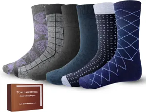 Tom Lawrence Mens Dress Socks -Premium Quality Soft Cotton- Pack of 6 in Gift Box, Assorted Patterned Dress Socks For Men 9-12, Breathable Soft Cotton- Nylon Blend