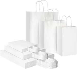 Toovip 90 Pack White Kraft Paper Bags with Handles Bulk, 3 Assorted Sizes Gift Wrap Bags for Favors Grocery Retail Party Birthday Shopping Business Goody Craft Merchandise Take Out Sacks