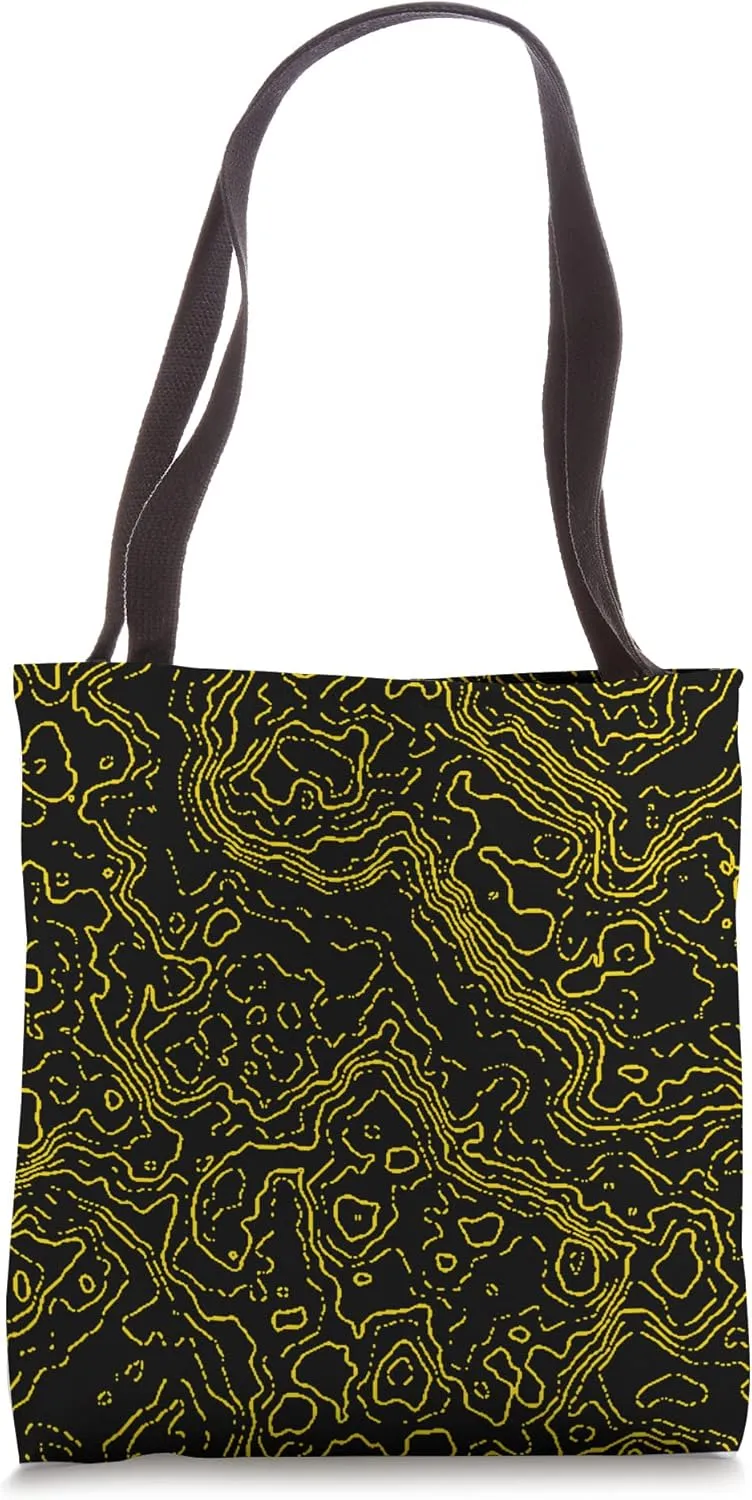 Topography Black & Yellow Abstract Pattern Topographic Map Tote Bag