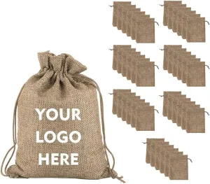 TopTie Custom 50 PCS Burlap Gift Wrap Bags with Logo, Print Drawstring Jewelry Pouches 4"x5.5" Party Favor Bags
