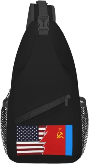 Torn Style American And The Russian Soviet Federative Socialist Republic Flags Crossbody Bags For Women Men Chest Backpack Gym Shoulder Bag Travel Outdoor Sports Casual Crossbody Bags