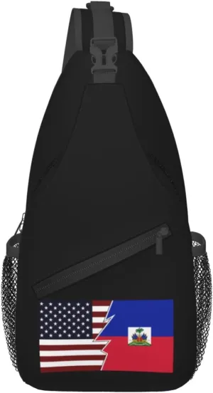 Torn Style Us And Haiti Flags Crossbody Bags For Women Men Chest Backpack Gym Shoulder Bag Travel Outdoor Sports Casual Crossbody Bags