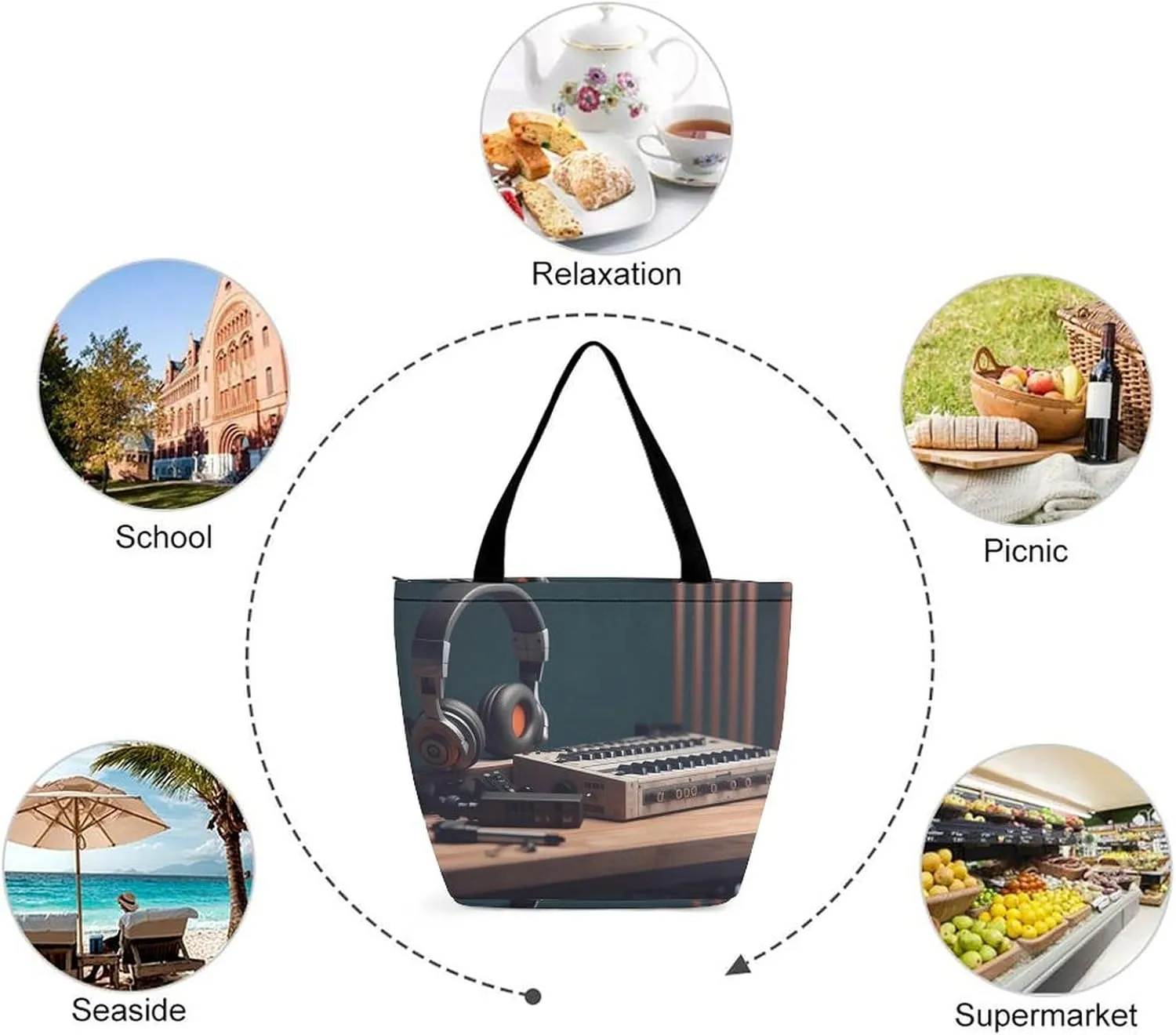 Tote Bag for Women Grocery Bag Recorder with Headphones Foldable Shopping Bags Reusable Large Tote Bag