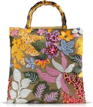 Tote Bag for Women, Orange Sequin Embroidery Straw Bag, Hand-Woven Rounded Bamboo Handle, Bohemian Handbag Suitable for Travel Daily