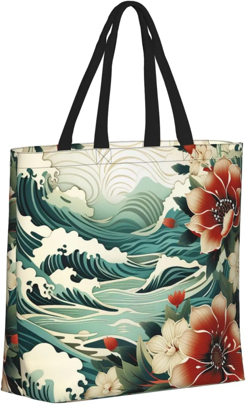 Tote Bag Large Capacity Grocery Bag With Zipper Wolf in Winter Shopping Bag Shoulder Bag for Women
