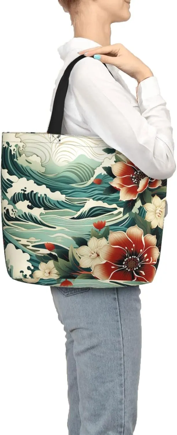 Tote Bag Large Capacity Grocery Bag With Zipper Wolf in Winter Shopping Bag Shoulder Bag for Women