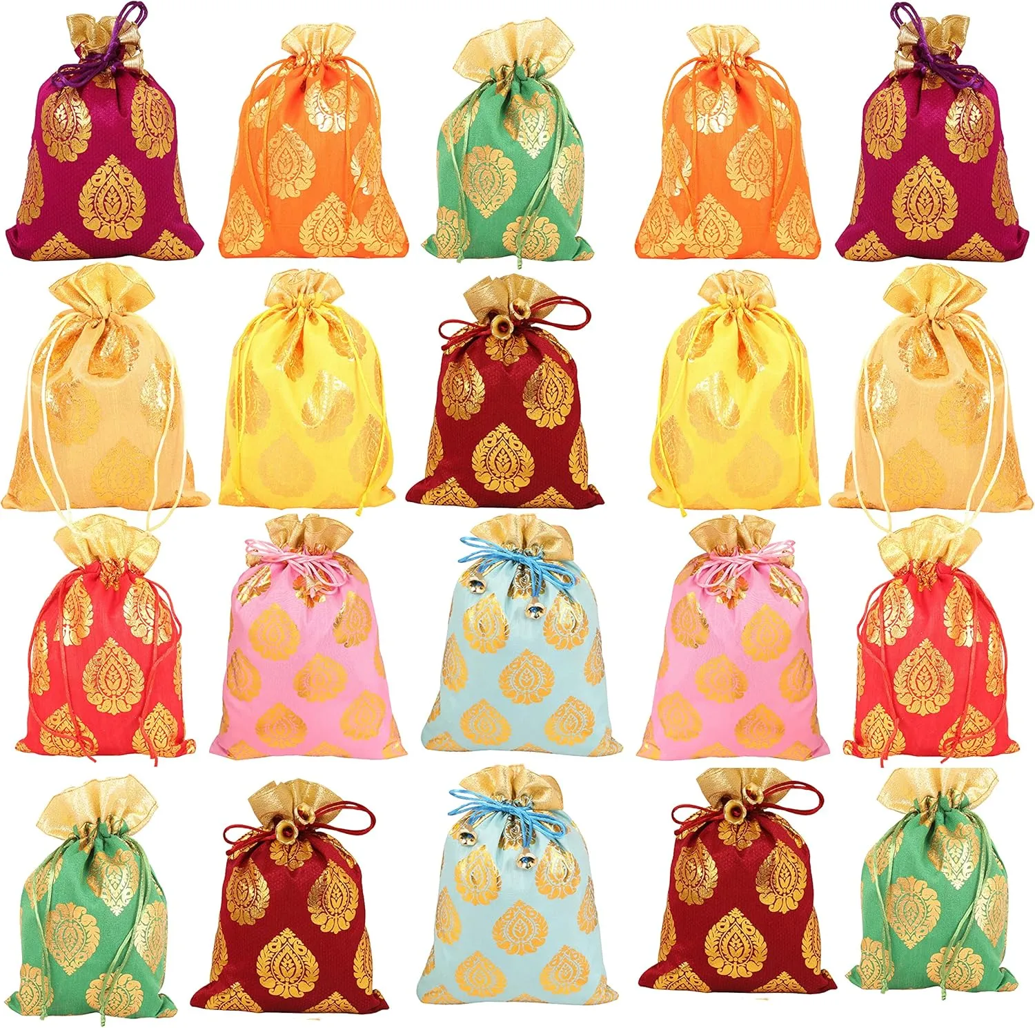Touchstone Drawstring Bags Traditional Indian Handcrafted in Ficus Leaf Pattern Brocade fabric. Perfect for Gifts Jewelry Weddings Sweet Distribution Set of 20 Vibrant Multicolor Pouches Purses Potli