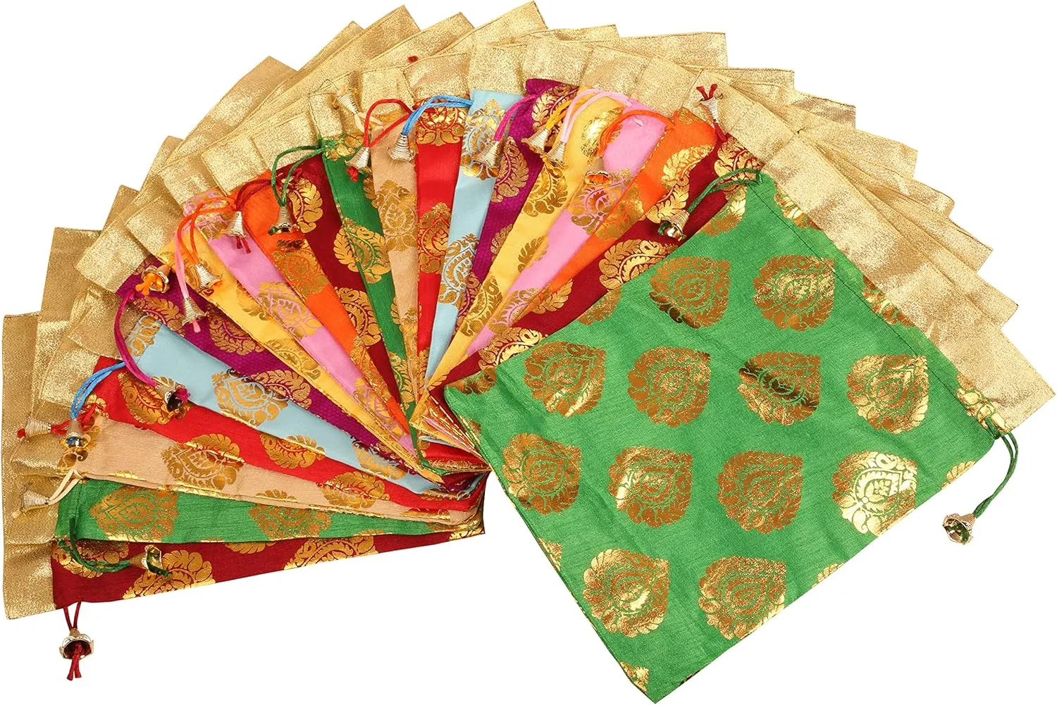Touchstone Drawstring Bags Traditional Indian Handcrafted in Ficus Leaf Pattern Brocade fabric. Perfect for Gifts Jewelry Weddings Sweet Distribution Set of 20 Vibrant Multicolor Pouches Purses Potli