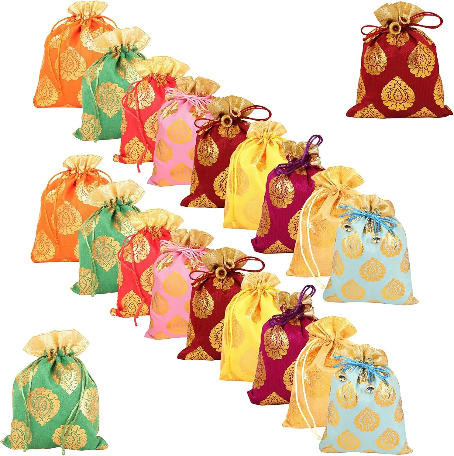 Touchstone Drawstring Bags Traditional Indian Handcrafted in Ficus Leaf Pattern Brocade fabric. Perfect for Gifts Jewelry Weddings Sweet Distribution Set of 20 Vibrant Multicolor Pouches Purses Potli