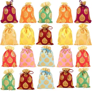 Touchstone Drawstring Bags Traditional Indian Handcrafted in Ficus Leaf Pattern Brocade fabric. Perfect for Gifts Jewelry Weddings Sweet Distribution Set of 20 Vibrant Multicolor Pouches Purses Potli