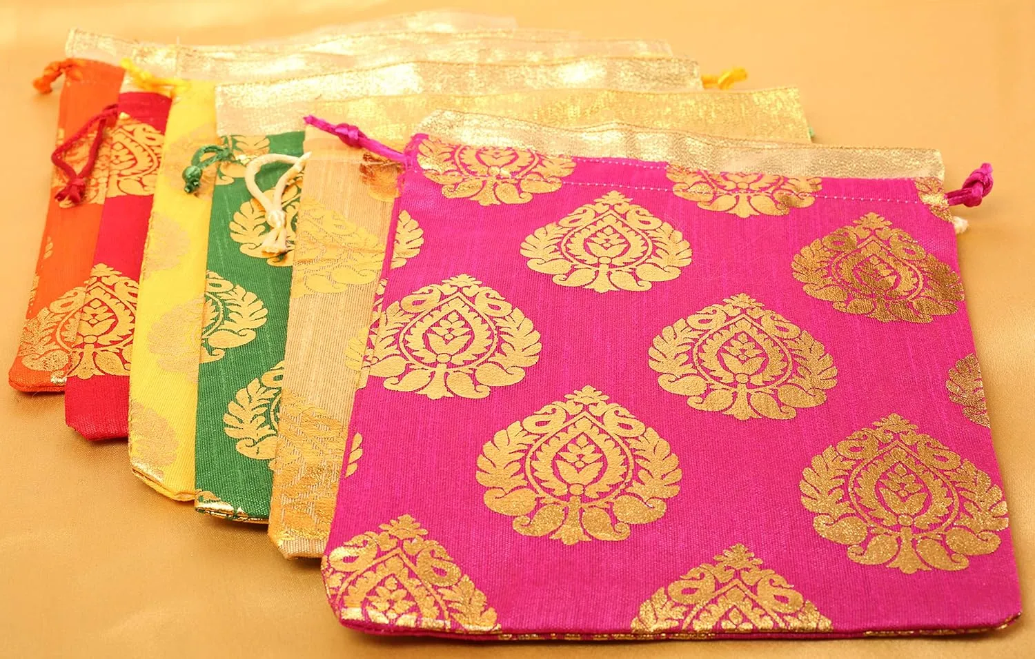 Touchstone Drawstring Bags Traditional Indian Handcrafted in Ficus Leaf Pattern Brocade fabric. Perfect for Gifts Jewelry Weddings Sweet Distribution Set of 6 Vibrant Multicolor Pouches Purses Potli
