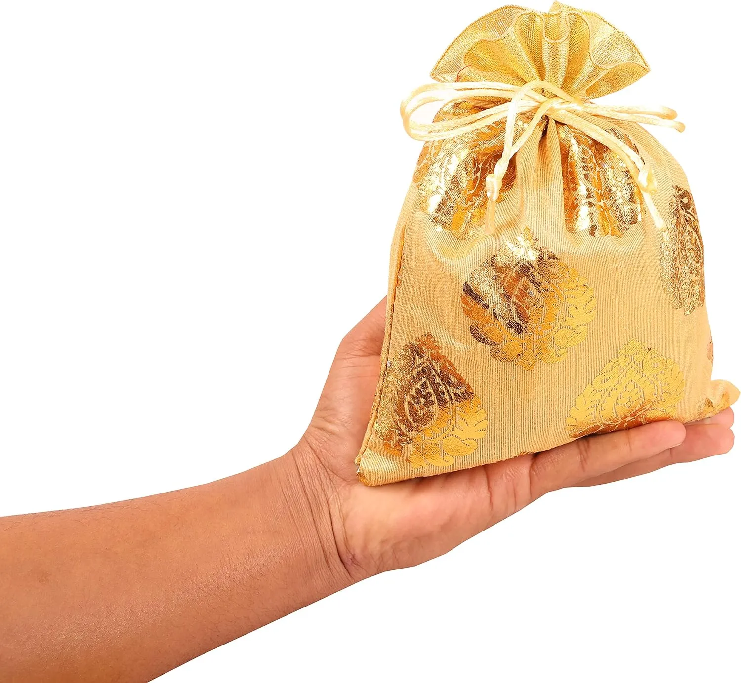 Touchstone Drawstring Bags Traditional Indian Handcrafted in Ficus Leaf Pattern Brocade fabric. Perfect for Gifts Jewelry Weddings Sweet Distribution Set of 6 Vibrant Multicolor Pouches Purses Potli