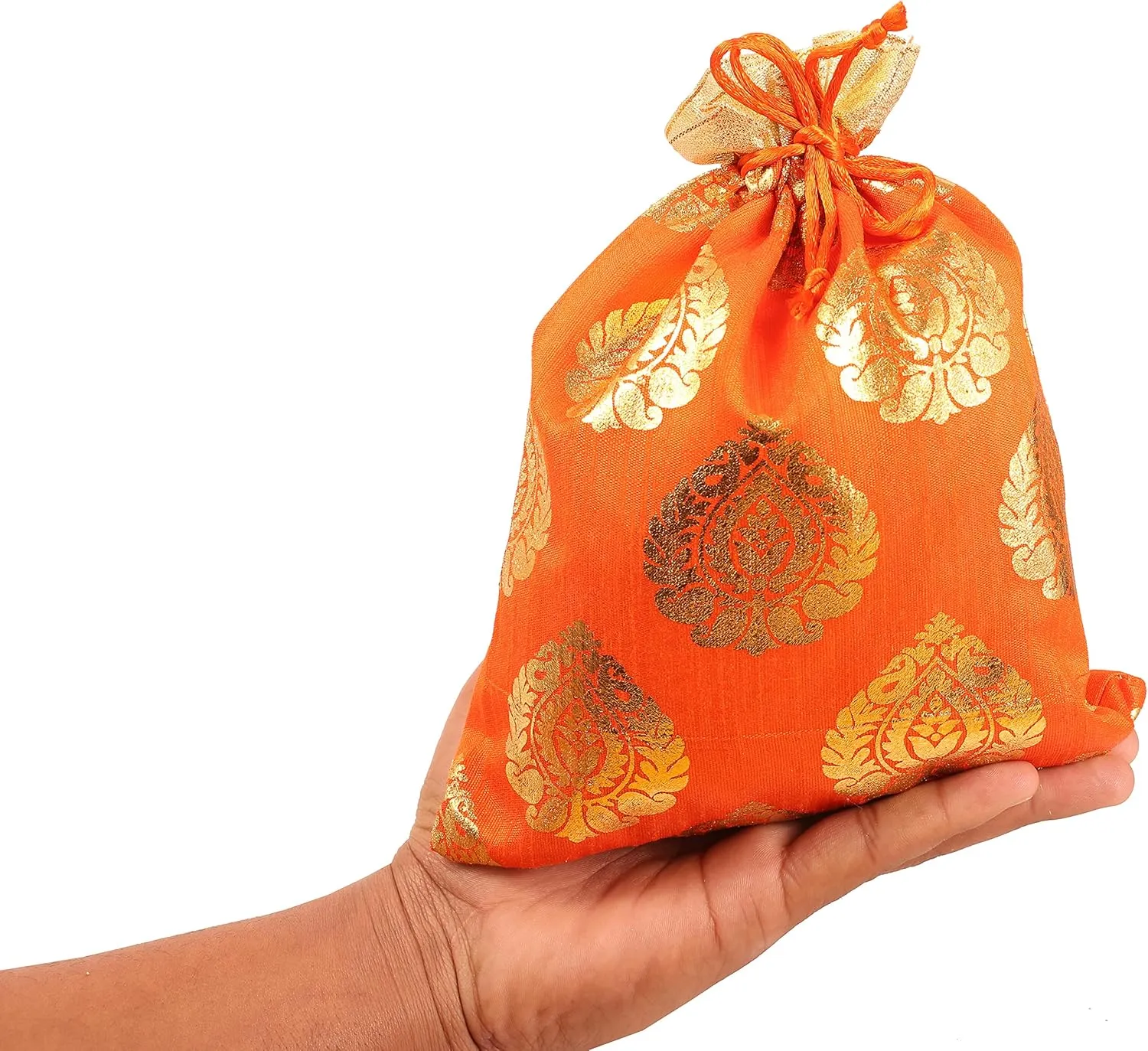 Touchstone Drawstring Bags Traditional Indian Handcrafted in Ficus Leaf Pattern Brocade fabric. Perfect for Gifts Jewelry Weddings Sweet Distribution Set of 6 Vibrant Multicolor Pouches Purses Potli