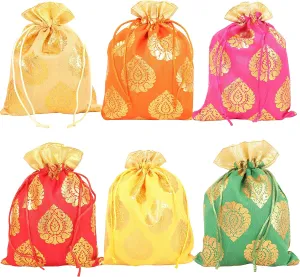 Touchstone Drawstring Bags Traditional Indian Handcrafted in Ficus Leaf Pattern Brocade fabric. Perfect for Gifts Jewelry Weddings Sweet Distribution Set of 6 Vibrant Multicolor Pouches Purses Potli