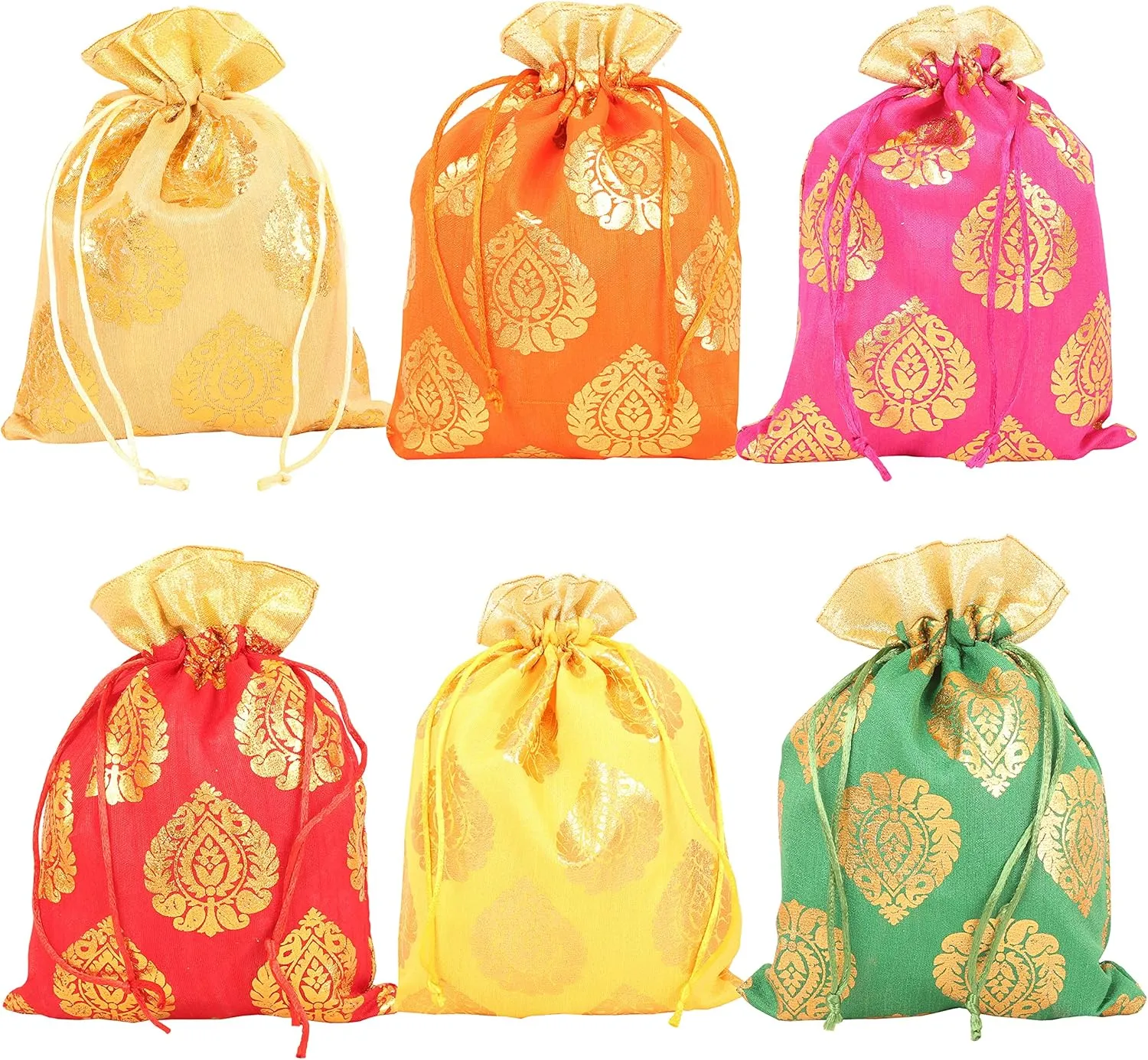Touchstone Drawstring Bags Traditional Indian Handcrafted in Ficus Leaf Pattern Brocade fabric. Perfect for Gifts Jewelry Weddings Sweet Distribution Set of 6 Vibrant Multicolor Pouches Purses Potli