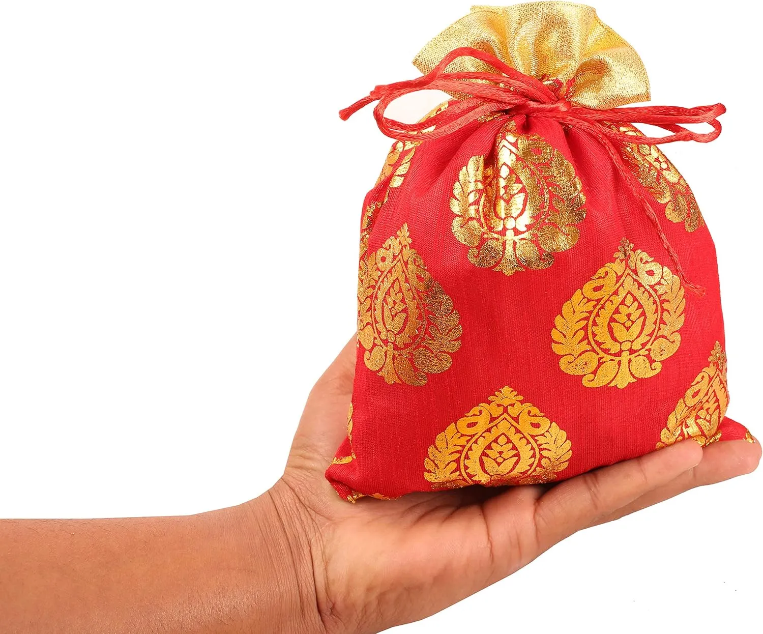 Touchstone Drawstring Bags Traditional Indian Handcrafted in Ficus Leaf Pattern Brocade fabric. Perfect for Gifts Jewelry Weddings Sweet Distribution Set of 6 Vibrant Multicolor Pouches Purses Potli