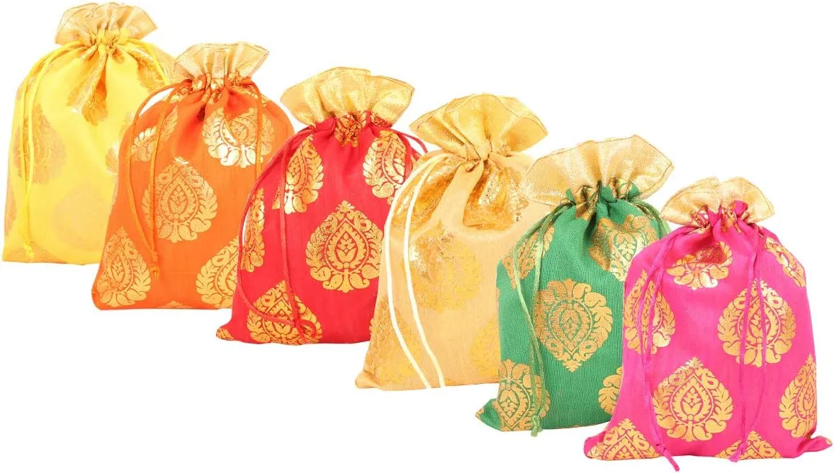 Touchstone Drawstring Bags Traditional Indian Handcrafted in Ficus Leaf Pattern Brocade fabric. Perfect for Gifts Jewelry Weddings Sweet Distribution Set of 6 Vibrant Multicolor Pouches Purses Potli