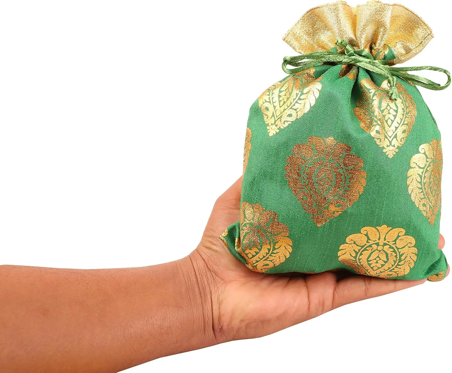 Touchstone Drawstring Bags Traditional Indian Handcrafted in Ficus Leaf Pattern Brocade fabric. Perfect for Gifts Jewelry Weddings Sweet Distribution Set of 6 Vibrant Multicolor Pouches Purses Potli