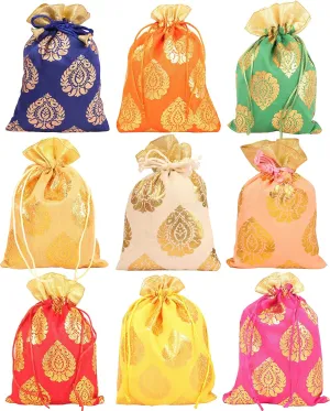 Touchstone Drawstring Bags Traditional Indian Handcrafted in Ficus Leaf Pattern Brocade fabric. Perfect for Gifts Jewelry Weddings Sweet Distribution Set of 9 Vibrant Multicolor Pouches Purses Potli