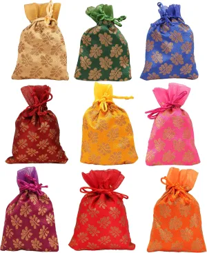 Touchstone Drawstring Bags Traditional Indian Handcrafted in Mimosa leaf Pattern Brocade fabric. Perfect for Gifts Jewelry Weddings Sweet Distribution Set of 9 Vibrant Multicolor Pouches Purses Potli.