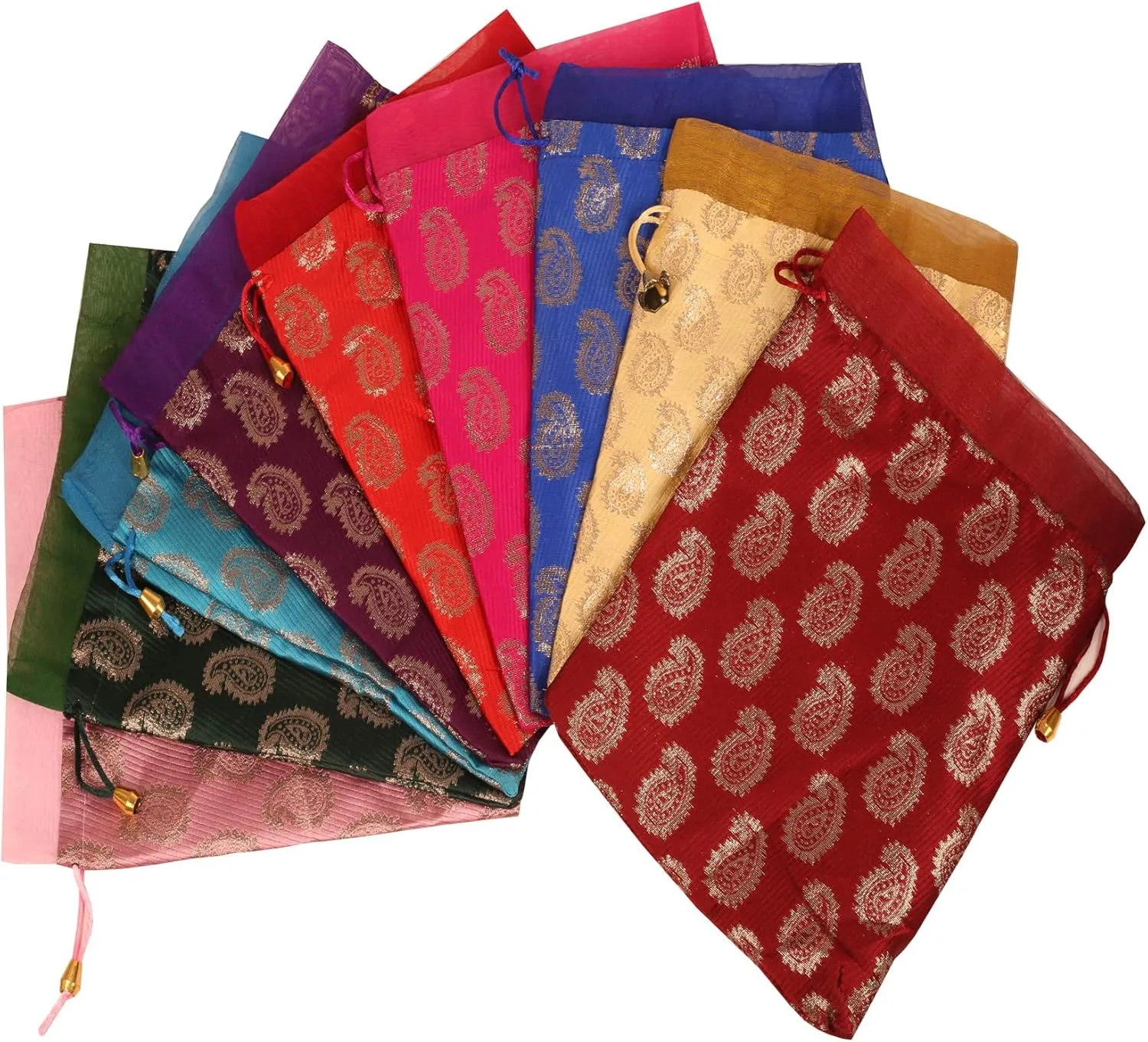 Touchstone Drawstring Bags Traditional Indian Handcrafted in Paisley Pattern Brocade fabric. Perfect for Gifts Jewelry Weddings Sweet Distribution Set of 20 Vibrant Multicolor Pouches Purses Potli