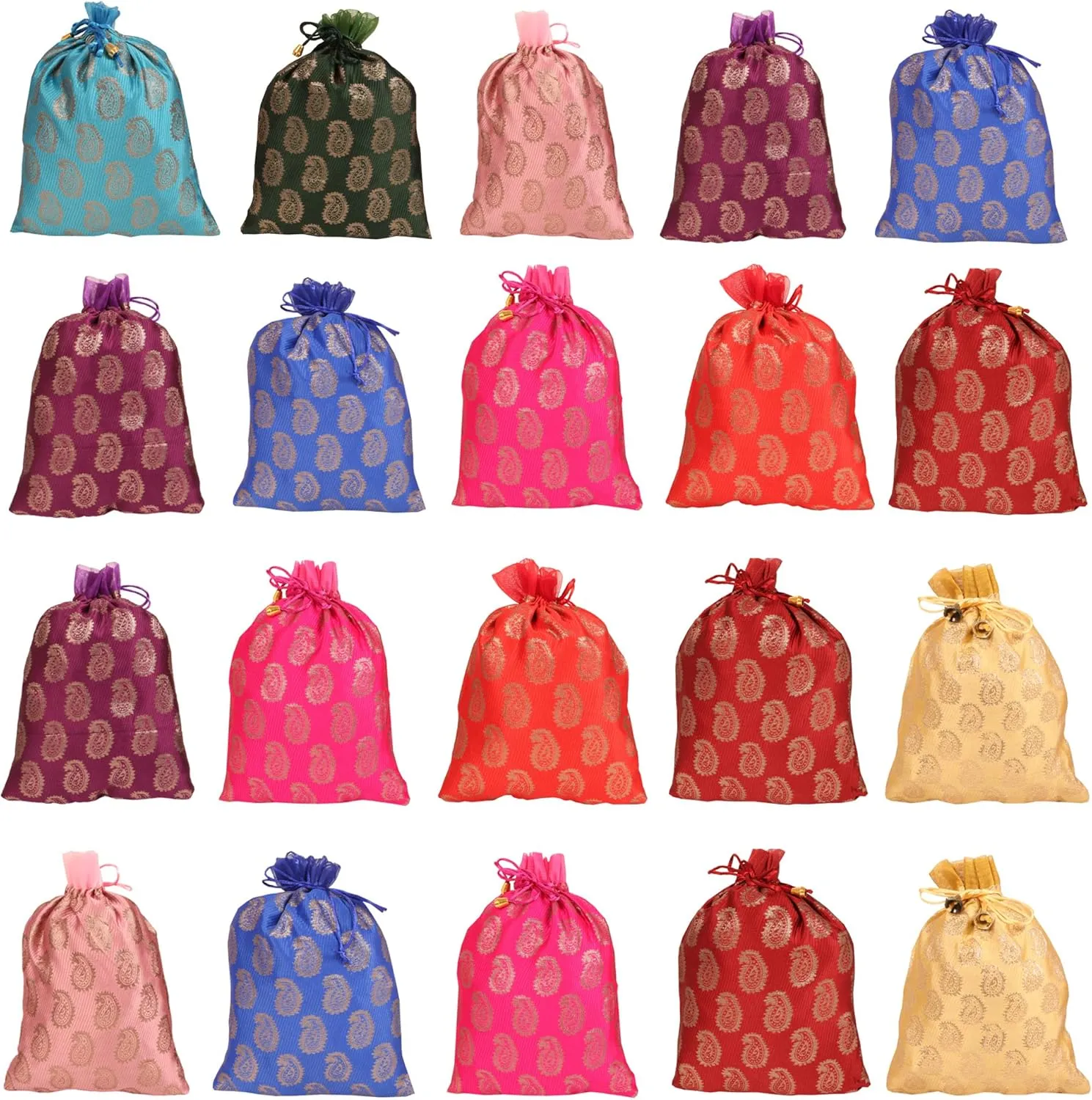 Touchstone Drawstring Bags Traditional Indian Handcrafted in Paisley Pattern Brocade fabric. Perfect for Gifts Jewelry Weddings Sweet Distribution Set of 20 Vibrant Multicolor Pouches Purses Potli