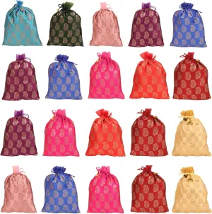 Touchstone Drawstring Bags Traditional Indian Handcrafted in Paisley Pattern Brocade fabric. Perfect for Gifts Jewelry Weddings Sweet Distribution Set of 20 Vibrant Multicolor Pouches Purses Potli